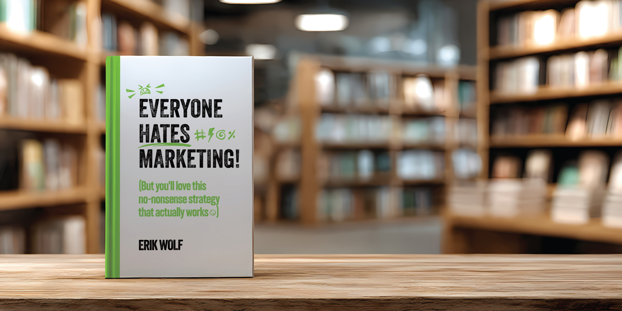 Everyone Hates Marketing! by Erik Wolf, on a bookstore shelf